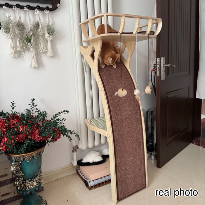 Modern Minimalist Plywood MDF Cotton-linen Rectangular Arc-Shaped Cat Tree & Condos 1-Hammock 1-Perch 1-Scratching Board For Living Room