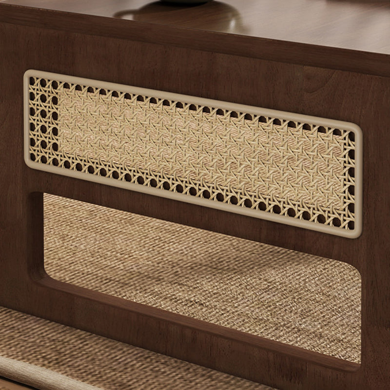 Traditional Japanese Rectangular Folding Rubberwood Rattan Coffee Table 1-Tier For Living Room