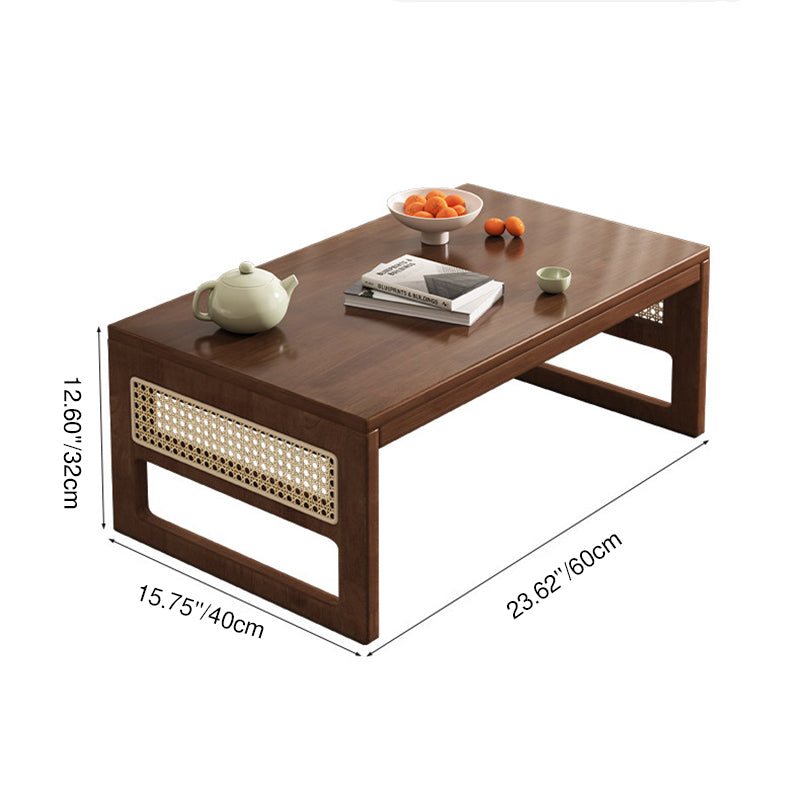 Traditional Japanese Rectangular Folding Rubberwood Rattan Coffee Table 1-Tier For Living Room