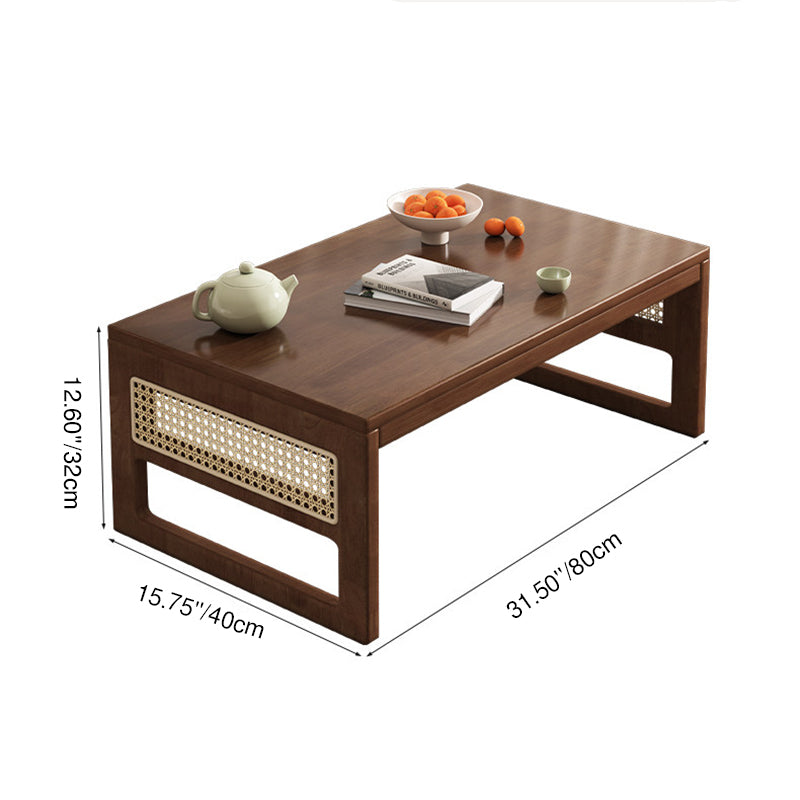 Traditional Japanese Rectangular Folding Rubberwood Rattan Coffee Table 1-Tier For Living Room