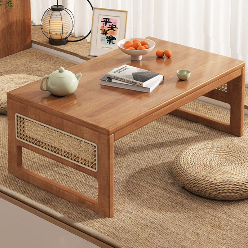 Traditional Japanese Rectangular Folding Rubberwood Rattan Coffee Table 1-Tier For Living Room