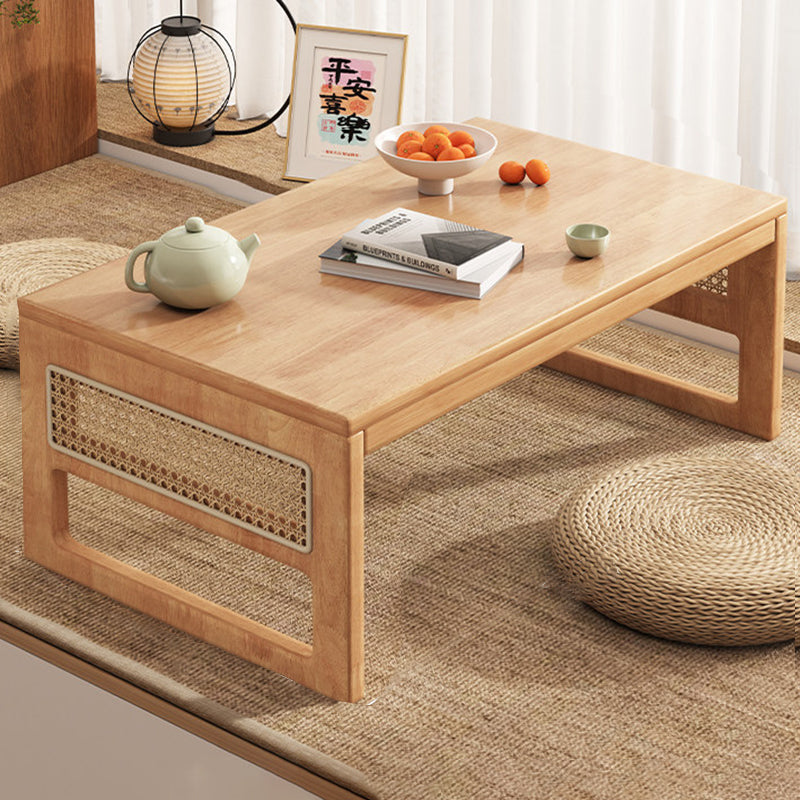 Traditional Japanese Rectangular Folding Rubberwood Rattan Coffee Table 1-Tier For Living Room