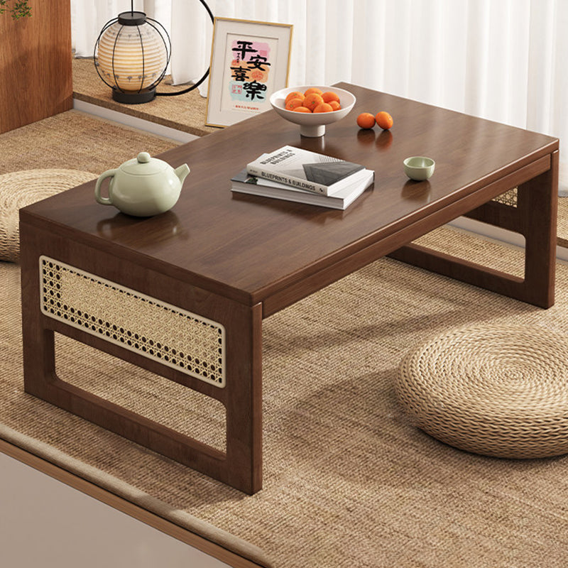 Traditional Japanese Rectangular Folding Rubberwood Rattan Coffee Table 1-Tier For Living Room