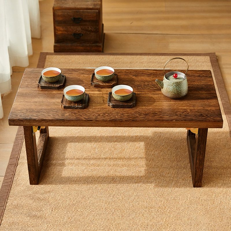 Traditional Japanese Rectangular Solid Paulownia Wood Folding Coffee Table 1-Tier For Living Room
