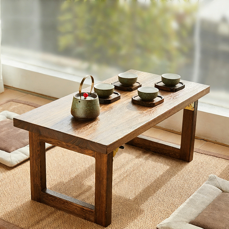 Traditional Japanese Rectangular Solid Paulownia Wood Folding Coffee Table 1-Tier For Living Room