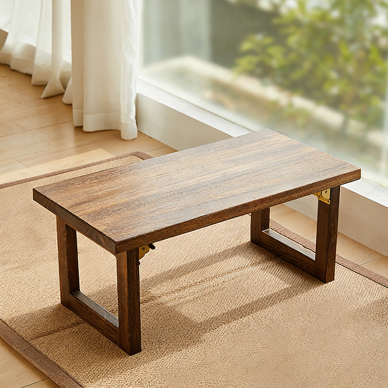 Traditional Japanese Rectangular Solid Paulownia Wood Folding Coffee Table 1-Tier For Living Room