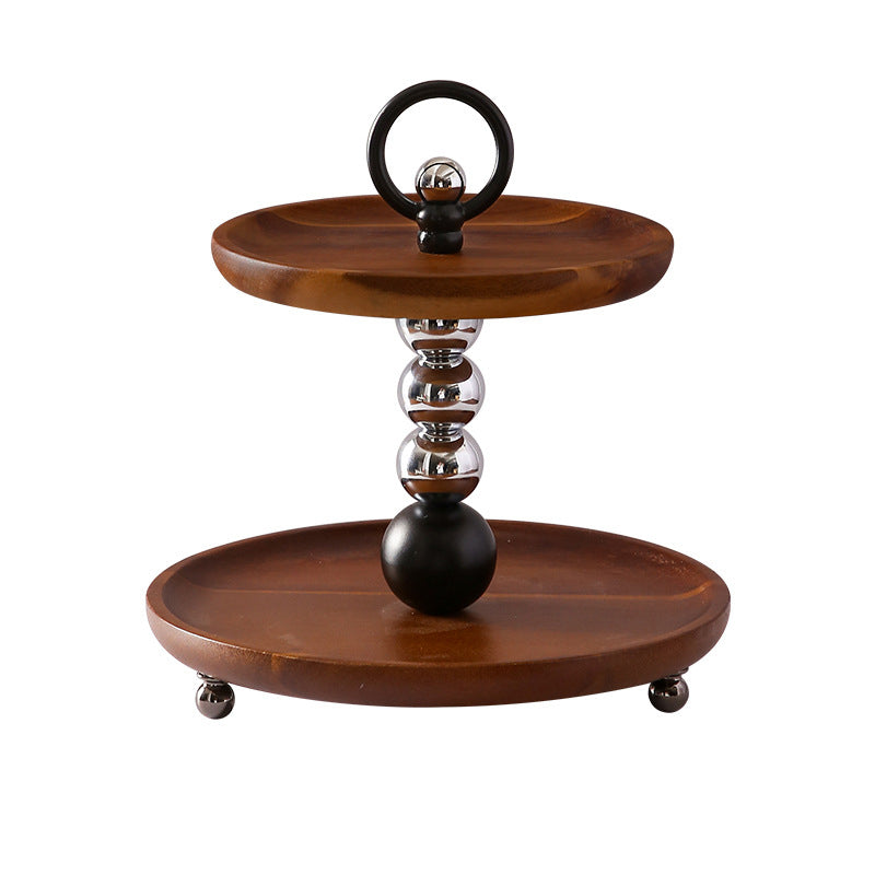 Contemporary Retro Acacia Wood Iron Round Desktop Storage Shelf 2-Tier For Living Room & Bedroom