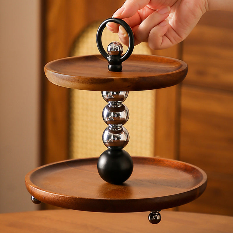 Contemporary Retro Acacia Wood Iron Round Desktop Storage Shelf 2-Tier For Living Room & Bedroom