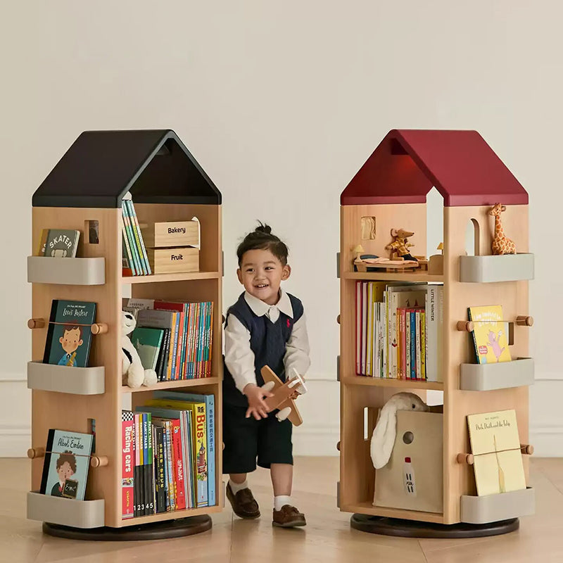 Solid Beech Wood Rotating Kids Bookshelf - Nordic Book Display Shelf With 360° Access And Multi-Level Storage For Books & Toys For Living Room