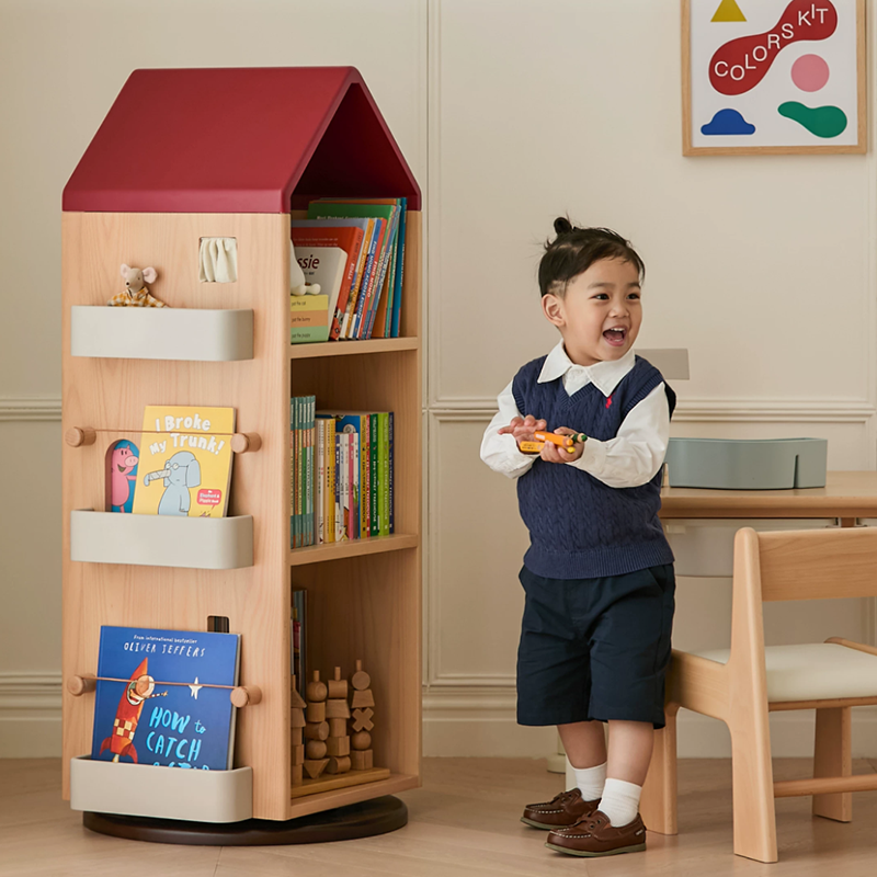 Solid Beech Wood Rotating Kids Bookshelf - Nordic Book Display Shelf With 360° Access And Multi-Level Storage For Books & Toys For Living Room