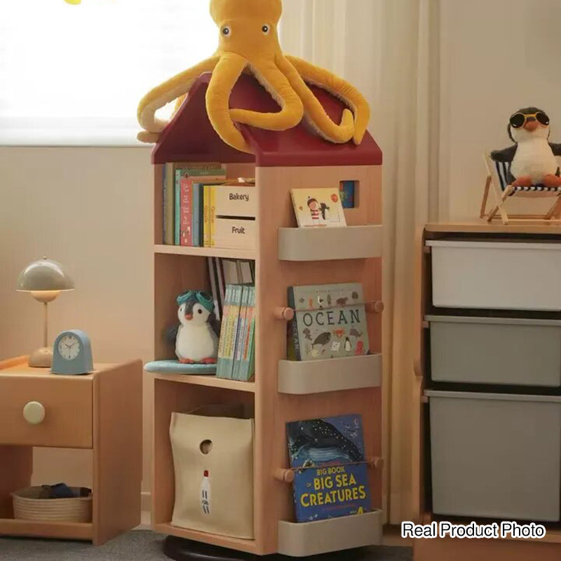 Solid Beech Wood Rotating Kids Bookshelf - Nordic Book Display Shelf With 360° Access And Multi-Level Storage For Books & Toys For Living Room