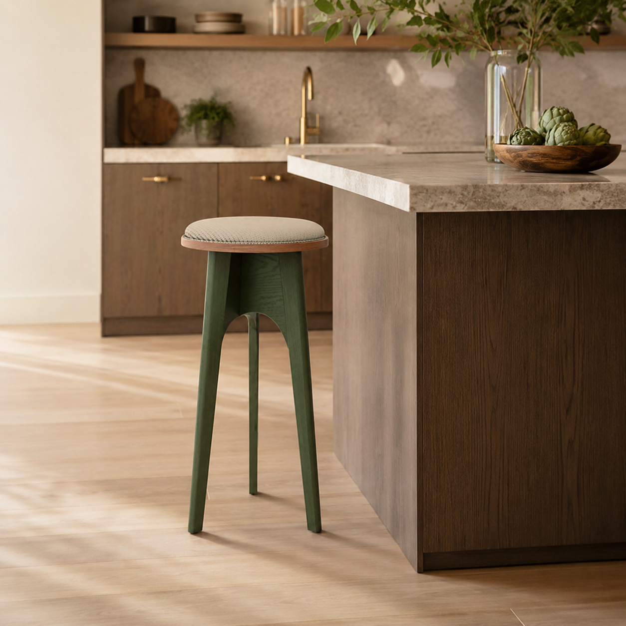 Vintage French Ash Wood & Plywood Corduroy Bar Stool - Retro Upholstered Counter Stool With Artistic Natural Wood Grain