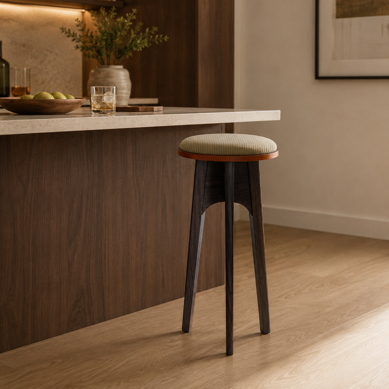 Vintage French Ash Wood & Plywood Corduroy Bar Stool - Retro Upholstered Counter Stool With Artistic Natural Wood Grain