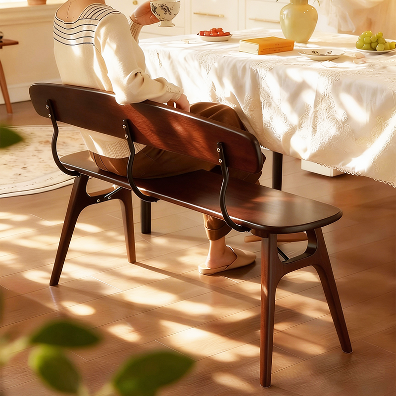 Modern Mid-Century Oval Rubberwood Iron Comfortable Bench Backrest Armless For Dining Room & Entryway