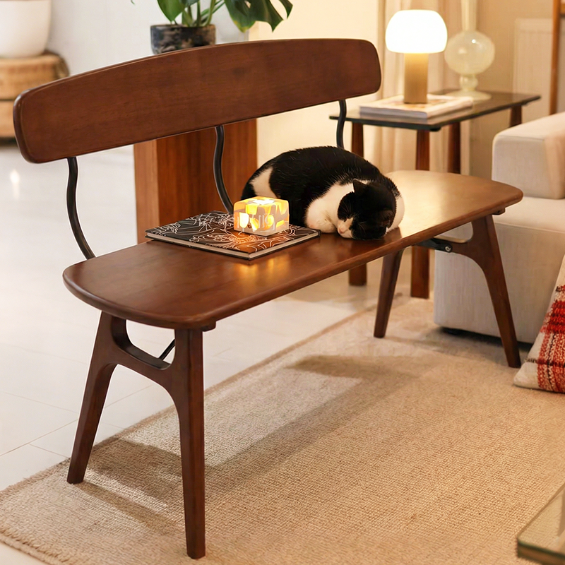 Modern Mid-Century Oval Rubberwood Iron Comfortable Bench Backrest Armless For Dining Room & Entryway