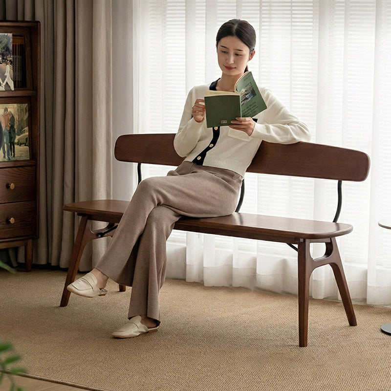 Modern Mid-Century Oval Rubberwood Iron Comfortable Bench Backrest Armless For Dining Room & Entryway