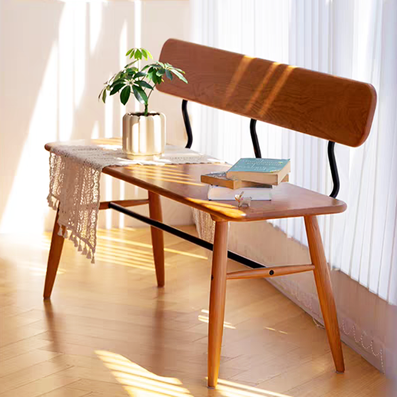 Modern Mid-Century Oval Rubberwood Iron Comfortable Bench Backrest Armless For Dining Room & Entryway