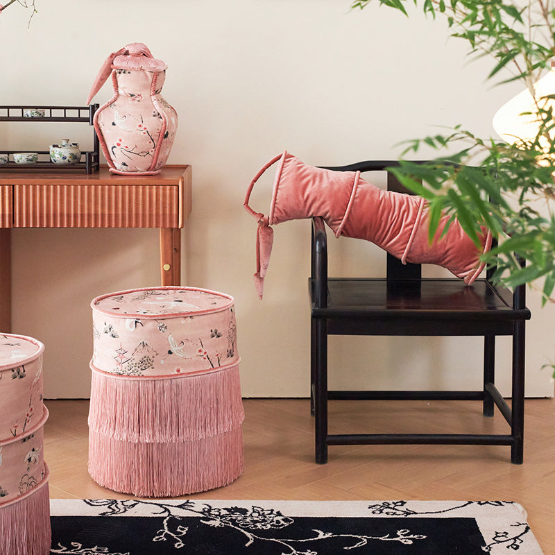 Traditional Chinese Cylindrical Printed Velvet PU Leather Solid Wood Vanity Stool Backless Armless For Bedroom