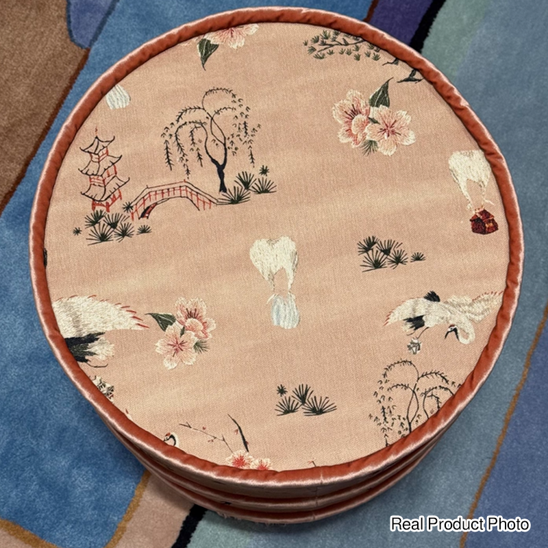 Traditional Chinese Cylindrical Printed Velvet PU Leather Solid Wood Vanity Stool Backless Armless For Bedroom