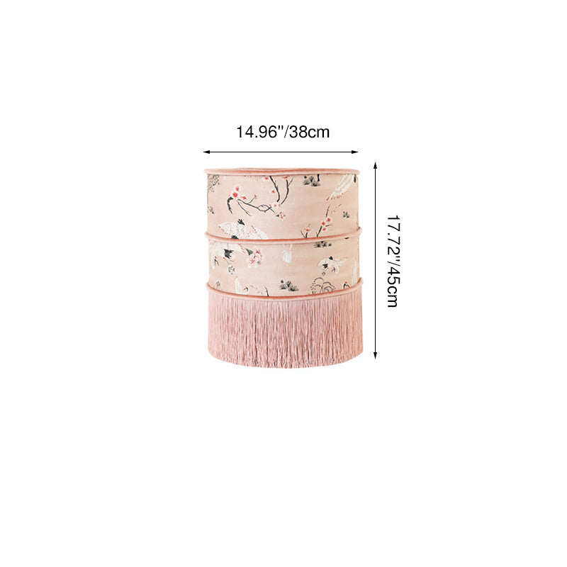 Traditional Chinese Cylindrical Printed Velvet PU Leather Solid Wood Vanity Stool Backless Armless For Bedroom