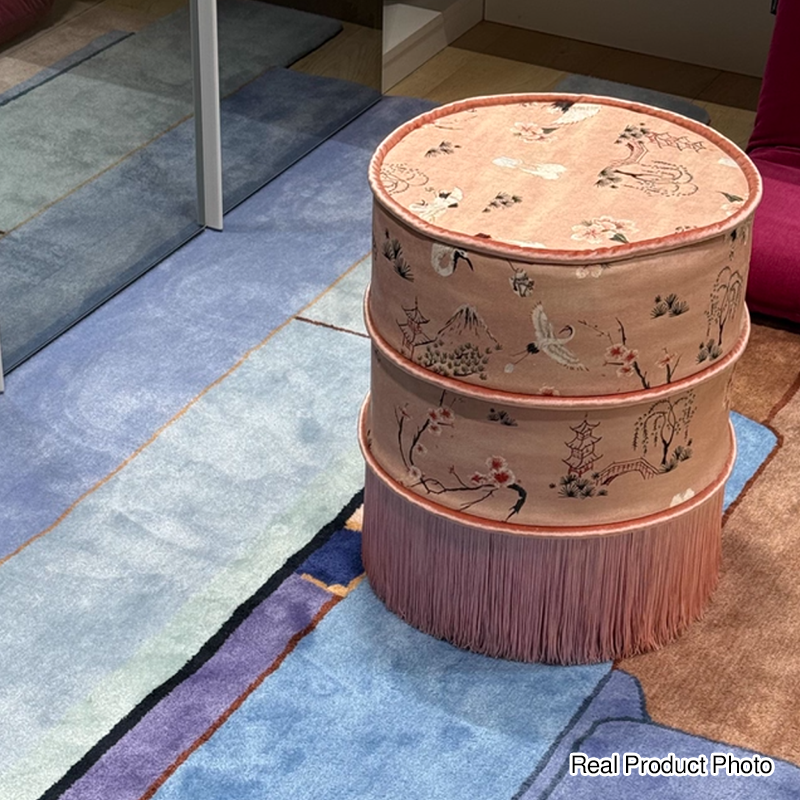 Traditional Chinese Cylindrical Printed Velvet PU Leather Solid Wood Vanity Stool Backless Armless For Bedroom