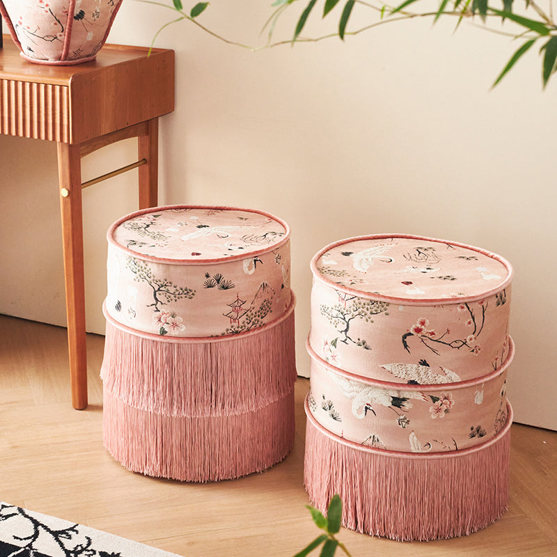 Traditional Chinese Cylindrical Printed Velvet PU Leather Solid Wood Vanity Stool Backless Armless For Bedroom