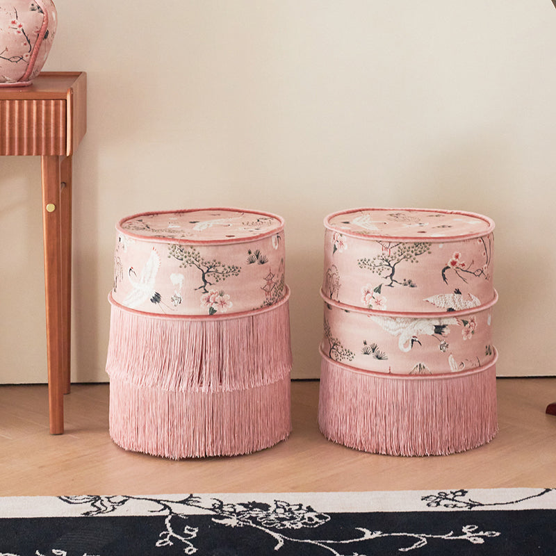 Traditional Chinese Cylindrical Printed Velvet PU Leather Solid Wood Vanity Stool Backless Armless For Bedroom
