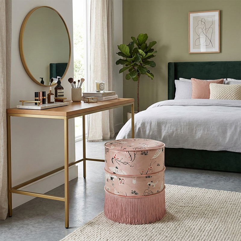 Traditional Chinese Cylindrical Printed Velvet PU Leather Solid Wood Vanity Stool Backless Armless For Bedroom
