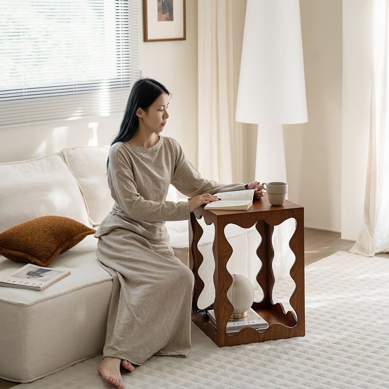 Traditional French Wavy Rectangular Plywood Portable End Table 2-Tier For Living Room & Bedroom