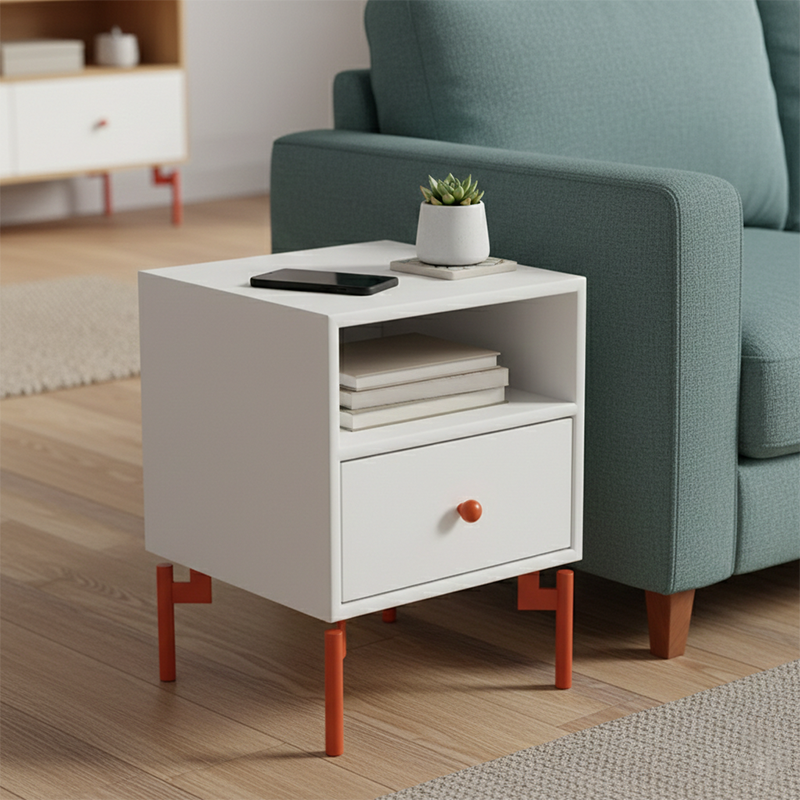 Contemporary Nordic Rectangular MDF Carbon Steel Nightstand With 1/2-Drawer For Bedroom