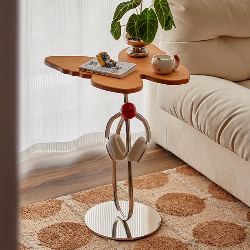 Modern Art Deco Butterfly Cherry Wood Stainless Steel End Table 1-Tier For Living Room