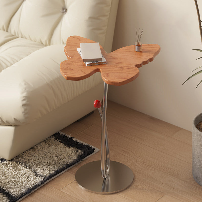 Modern Art Deco Butterfly Cherry Wood Stainless Steel End Table 1-Tier For Living Room