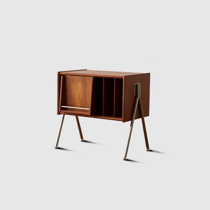 Modern Mid-Century Rectangular Pine Wood & Plywood Stainless Steel Storage Cabinet 2-Tier Design For Living Room