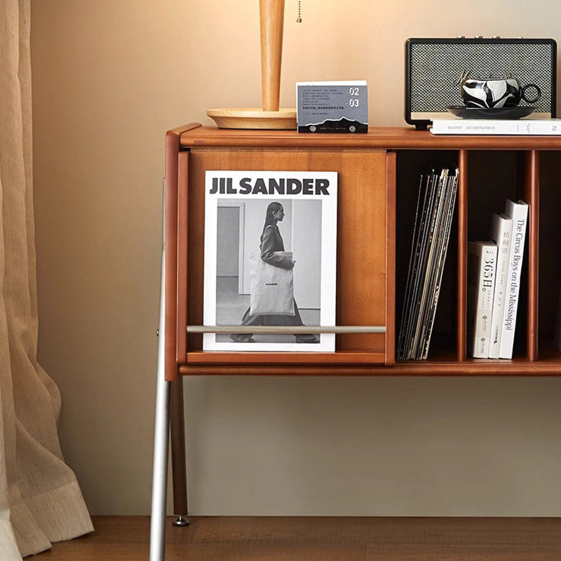 Modern Mid-Century Rectangular Pine Wood & Plywood Stainless Steel Storage Cabinet 2-Tier Design For Living Room