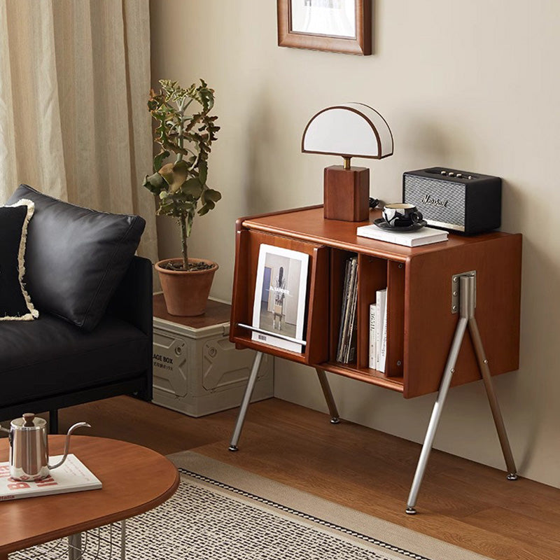 Modern Mid-Century Rectangular Pine Wood & Plywood Stainless Steel Storage Cabinet 2-Tier Design For Living Room