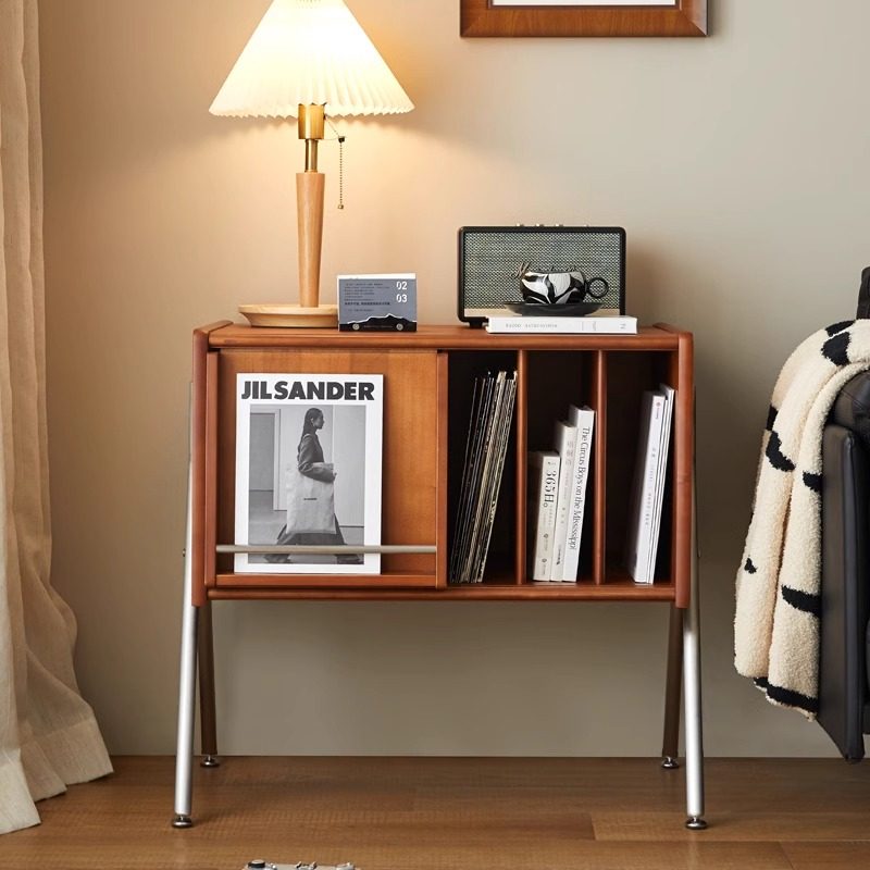 Modern Mid-Century Rectangular Pine Wood & Plywood Stainless Steel Storage Cabinet 2-Tier Design For Living Room