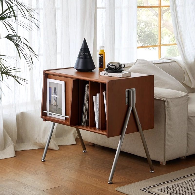 Modern Mid-Century Rectangular Pine Wood & Plywood Stainless Steel Storage Cabinet 2-Tier Design For Living Room
