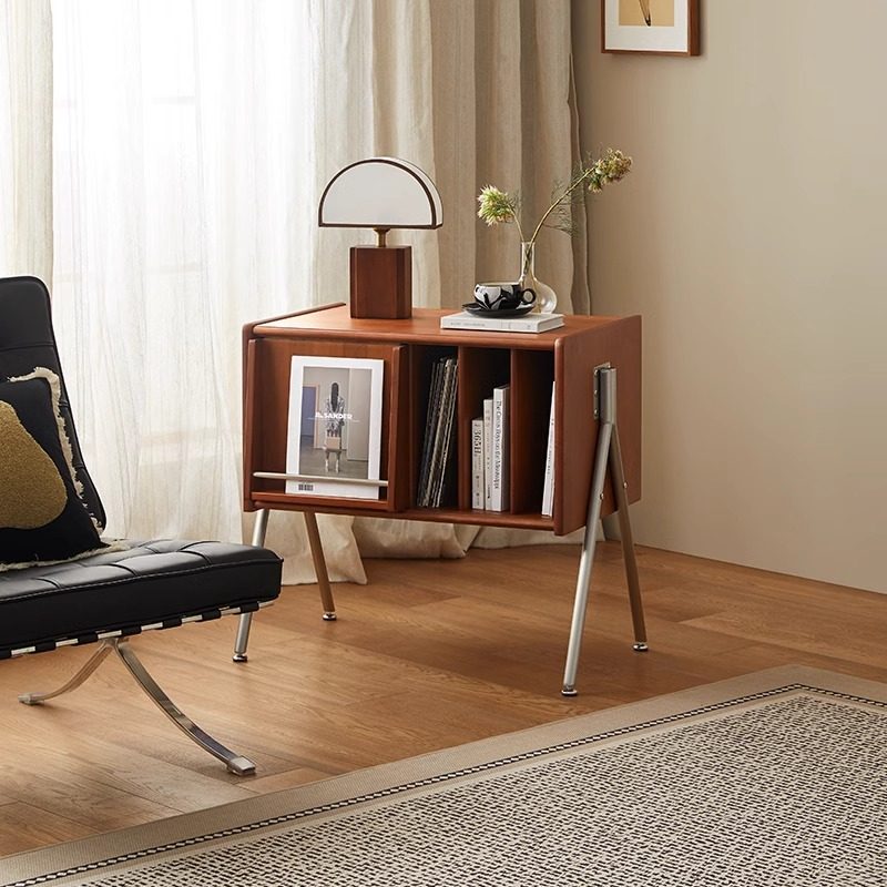 Modern Mid-Century Rectangular Pine Wood & Plywood Stainless Steel Storage Cabinet 2-Tier Design For Living Room