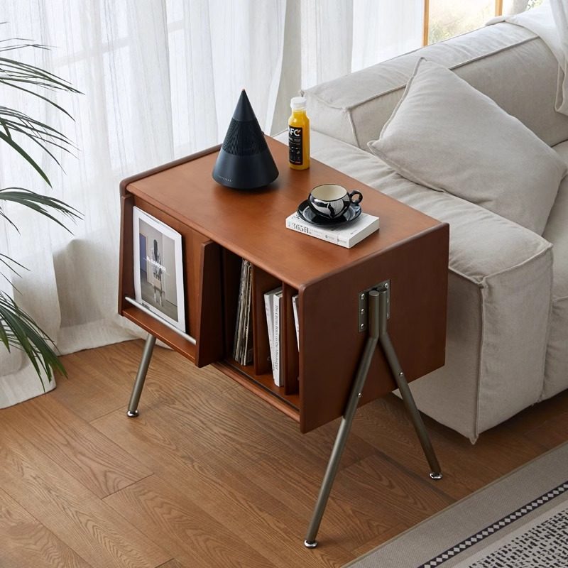 Modern Mid-Century Rectangular Pine Wood & Plywood Stainless Steel Storage Cabinet 2-Tier Design For Living Room