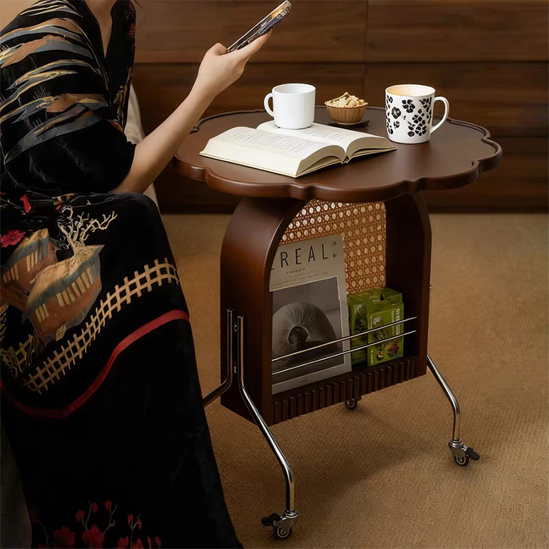 Traditional French Petal Arch Rubberwood Stainless Steel PE Rattan Weaving Movable End Table 2-Tier For Living Room