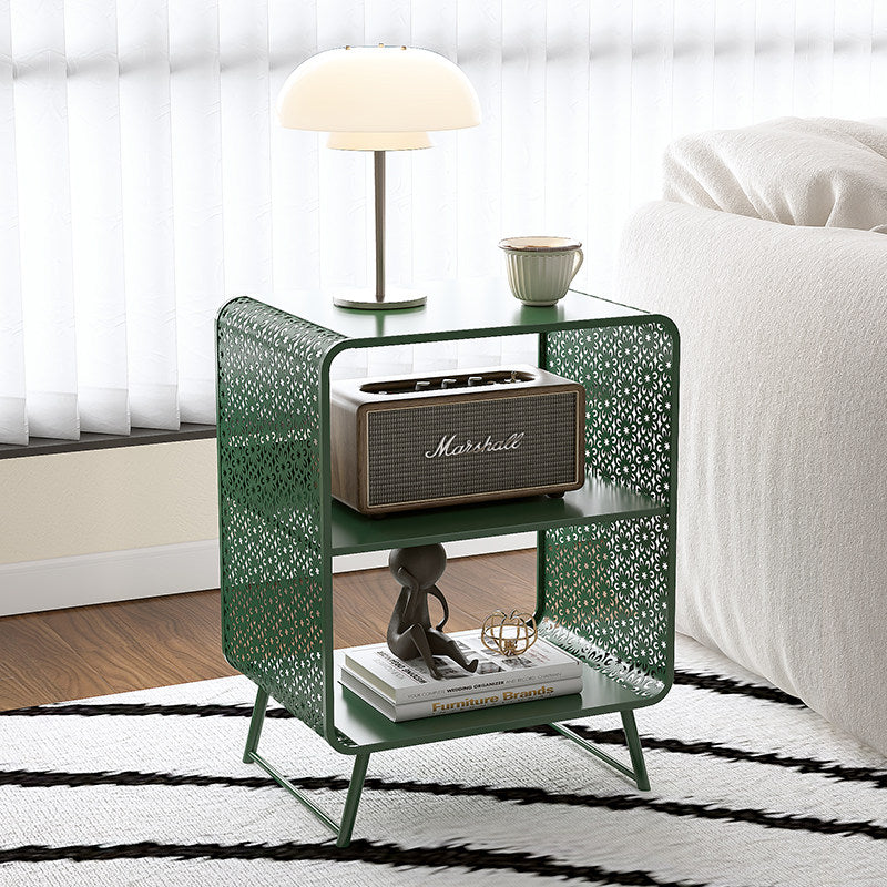 Contemporary Industrial Rounded Rectangle Iron Lightweight Hollowed-Out Petal Pattern End Table 2-Tier For Living Room