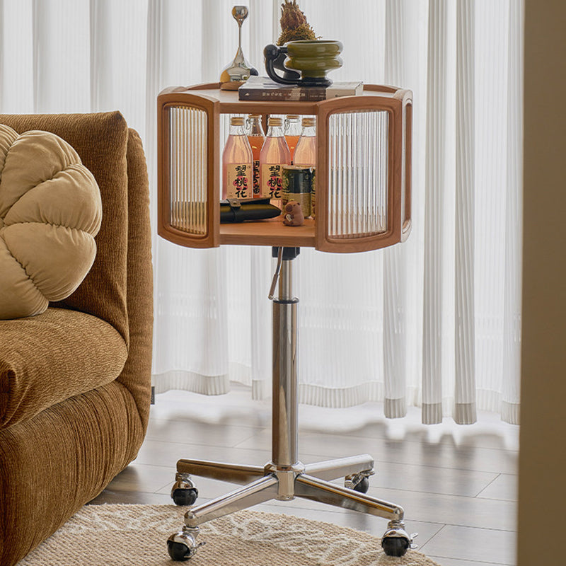 Traditional French Petal Cherry Wood Stainless Steel Striped Glass Liftable Movable Side Table 2-Layer For Living Room