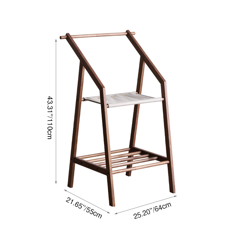Traditional Japanese Walnut Wood Tech Fabric Geometric Line Storage Shelf 2-Tier For Entryway & Hallway