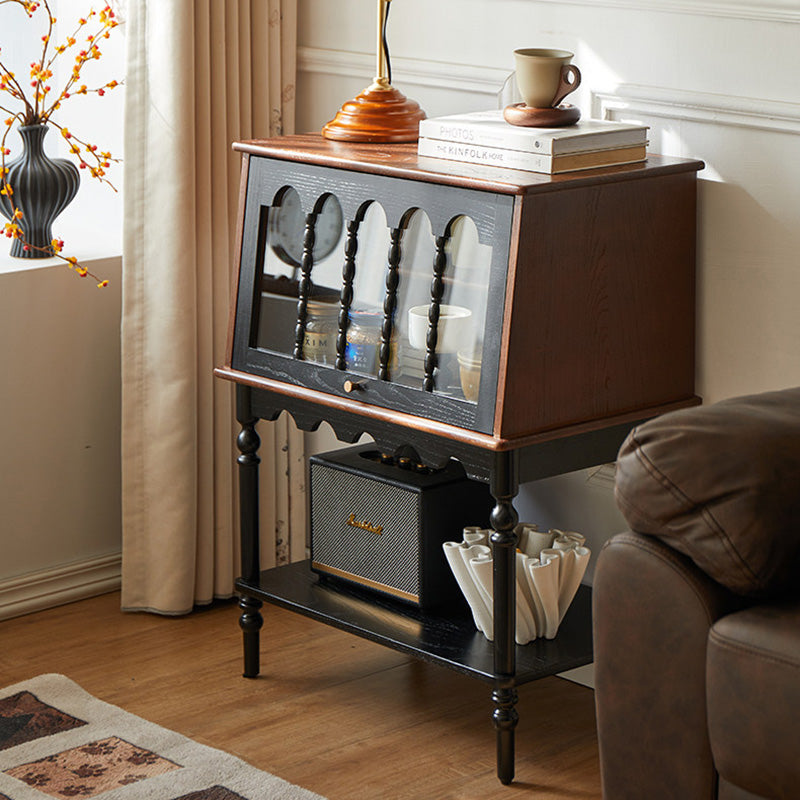 Traditional French Ash Wood Glass Trapezoidal Storage Cabinet 3-Tier For Living Room