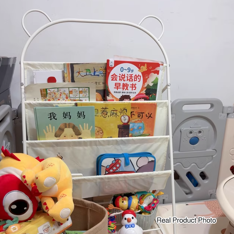 Modern Simplicity Iron Polyester Fabric Cartoon Line Bear Kids Lightweight Bookshelf 4-Tier For Study