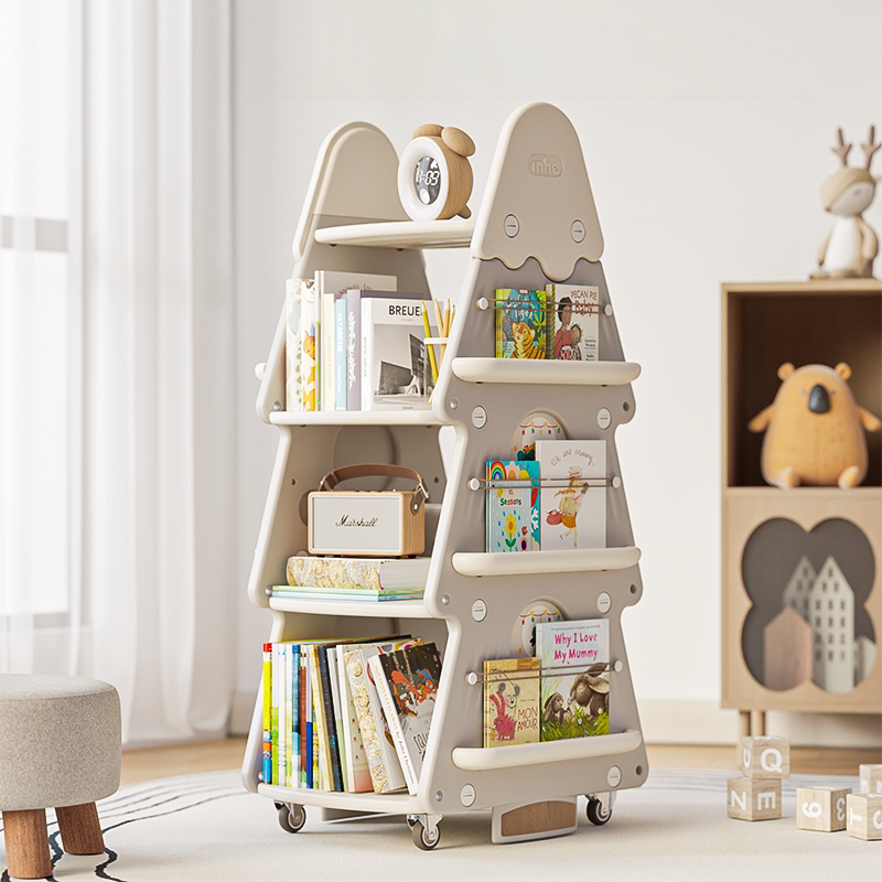 Contemporary Creative Christmas Tree PP & PE Plastic Kids Movable Bookshelf 4-Layer For Study