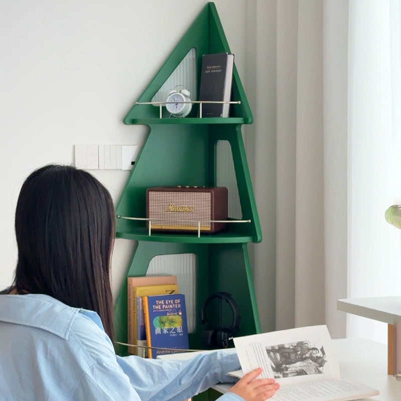 Contemporary Creative Christmas Tree Solid Wood Stainless Steel Space-Saving Corner Storage Shelf 4-Layer For Living Room & Study