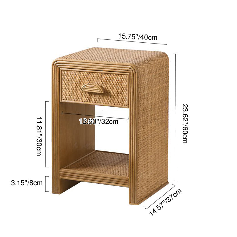 Traditional Rustic Pine Wood Plywood Rattan Weaving Rectangular Lightweight Nightstand 1-Drawer For Bedroom