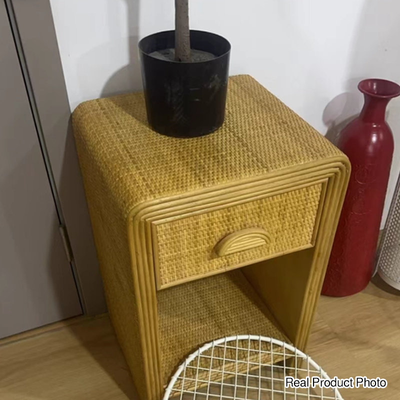 Traditional Rustic Pine Wood Plywood Rattan Weaving Rectangular Lightweight Nightstand 1-Drawer For Bedroom