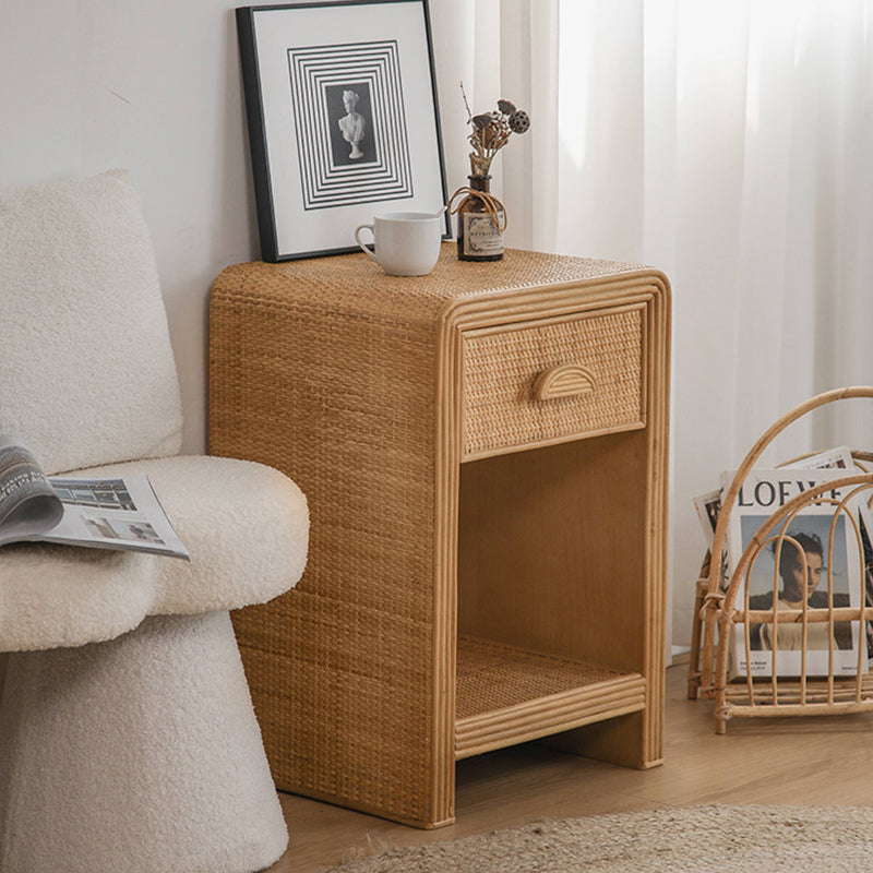 Traditional Rustic Pine Wood Plywood Rattan Weaving Rectangular Lightweight Nightstand 1-Drawer For Bedroom